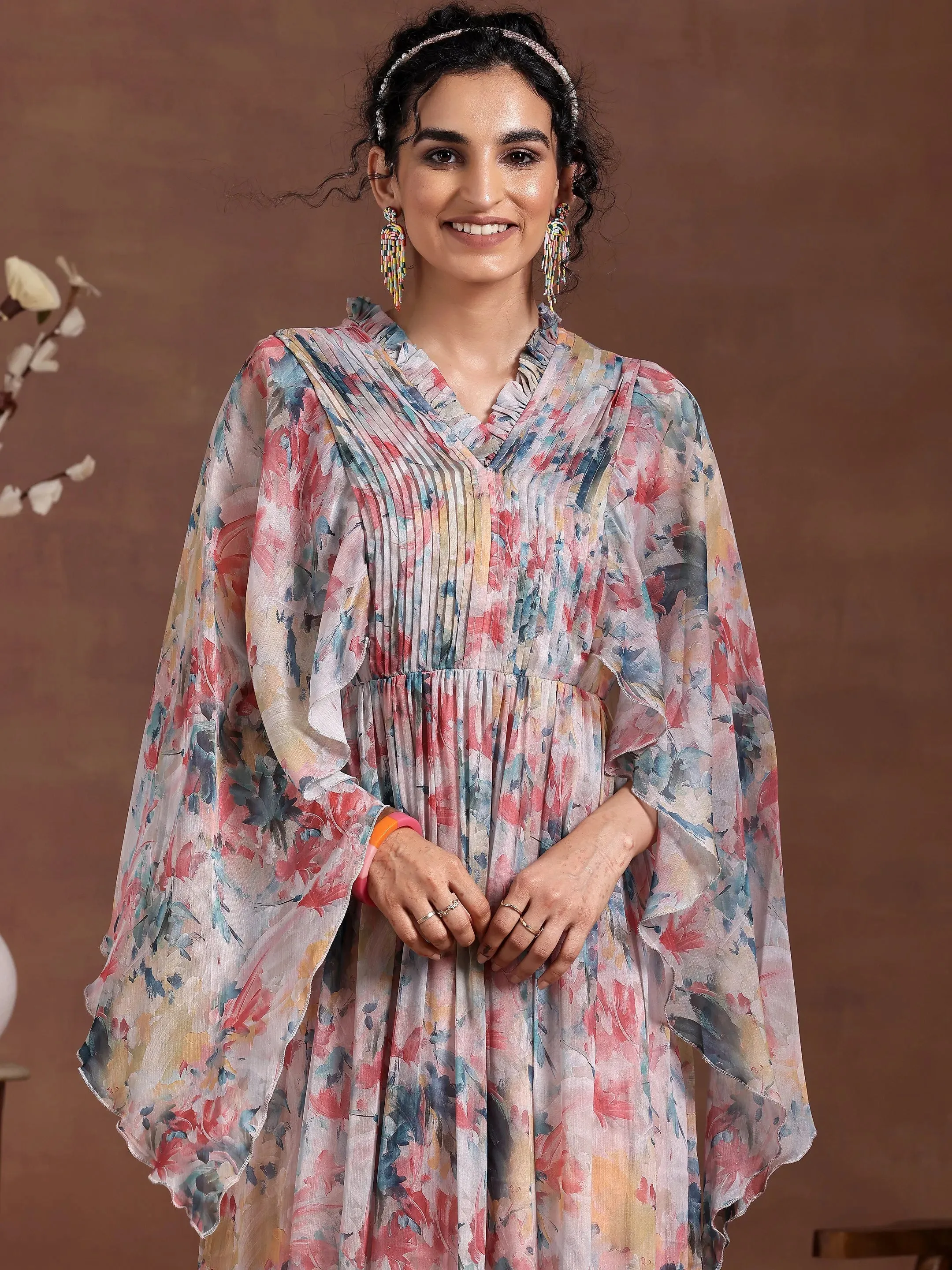 Multicoloured Printed Chiffon A-Line Dress