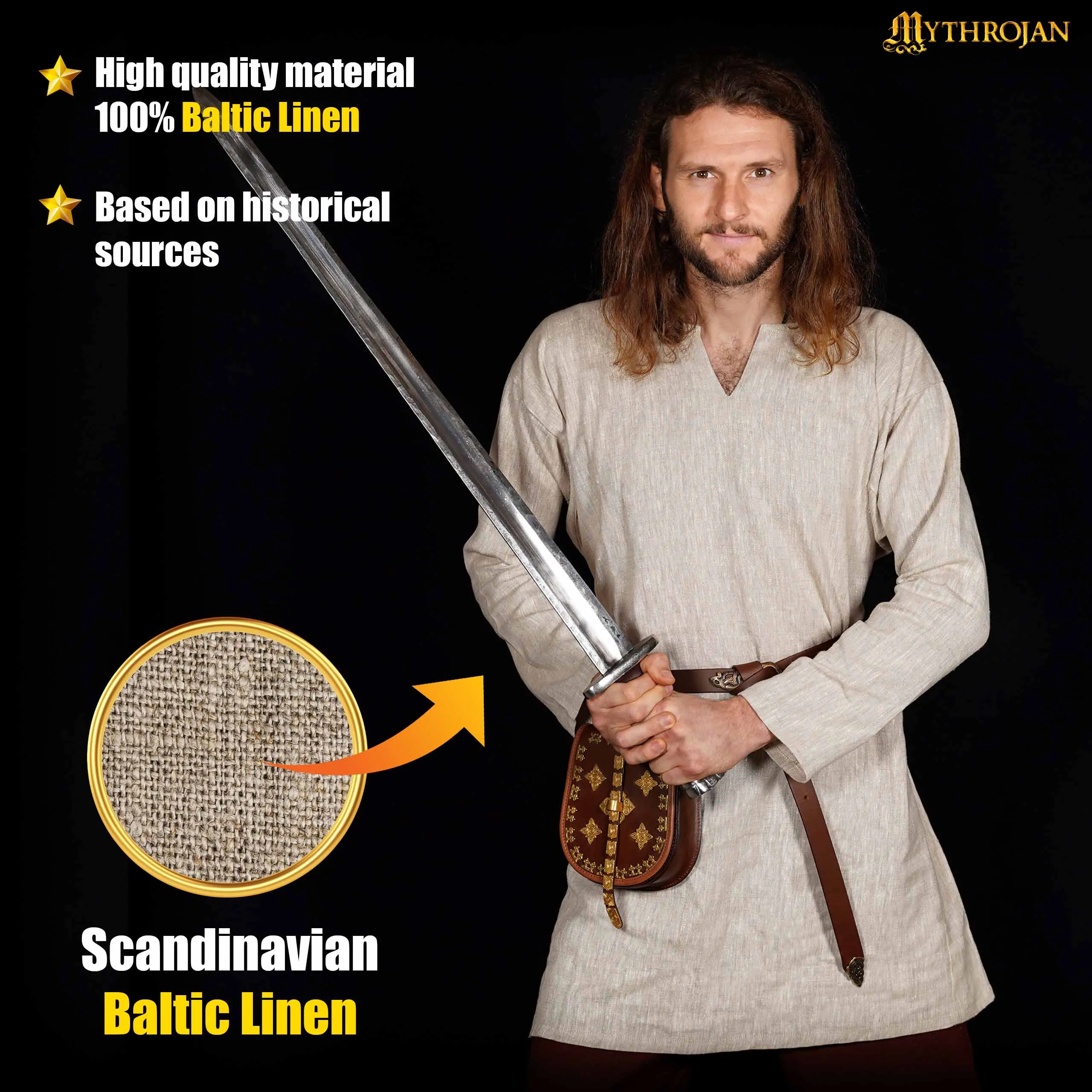 Mythrojan “Erik” Viking Baltic Linen Tunic : ideal for Viking, Anglo-Saxon and early medieval event, LARP, SCA & Reenactment