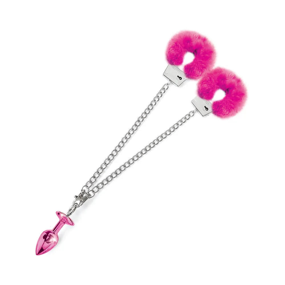 Nixie Metal Butt Plug & Furry Handcuff Set Medium Pink Metallic