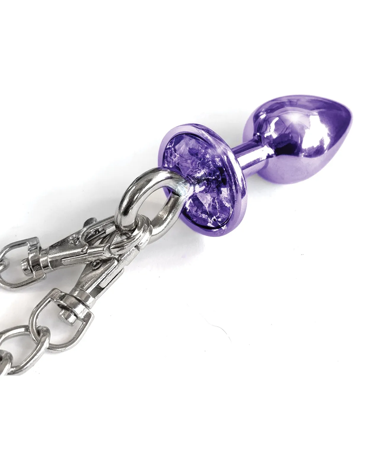 Nixie Metal Butt Plug w/Inlaid Jewel & Fur Cuff Set - Purple Metallic