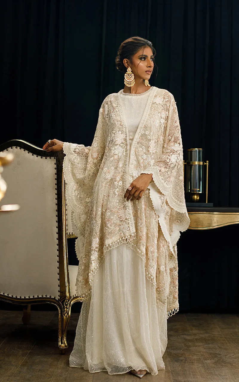 Organza Embroidered Cape With Maxi
