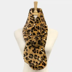 Pearl Embellished Leopard Faux Fur Pom Pom Pull Through Scarf
