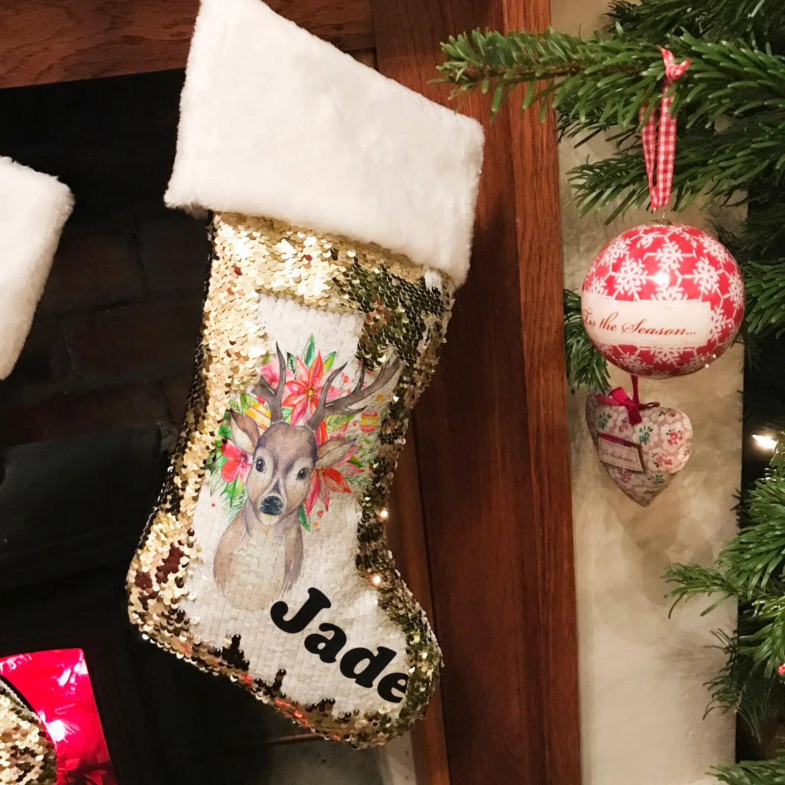Personalised Floral Reindeer Sequin Christmas Fur Topped Stocking