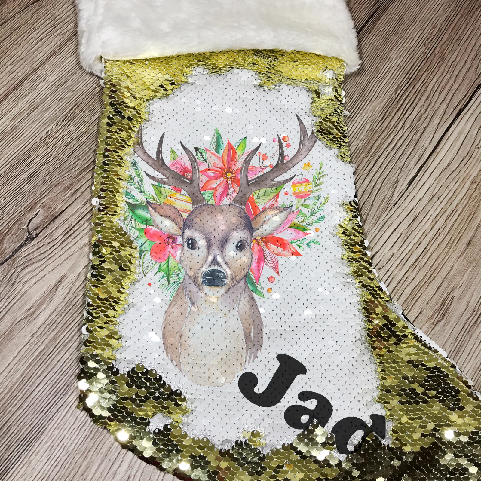Personalised Floral Reindeer Sequin Christmas Fur Topped Stocking