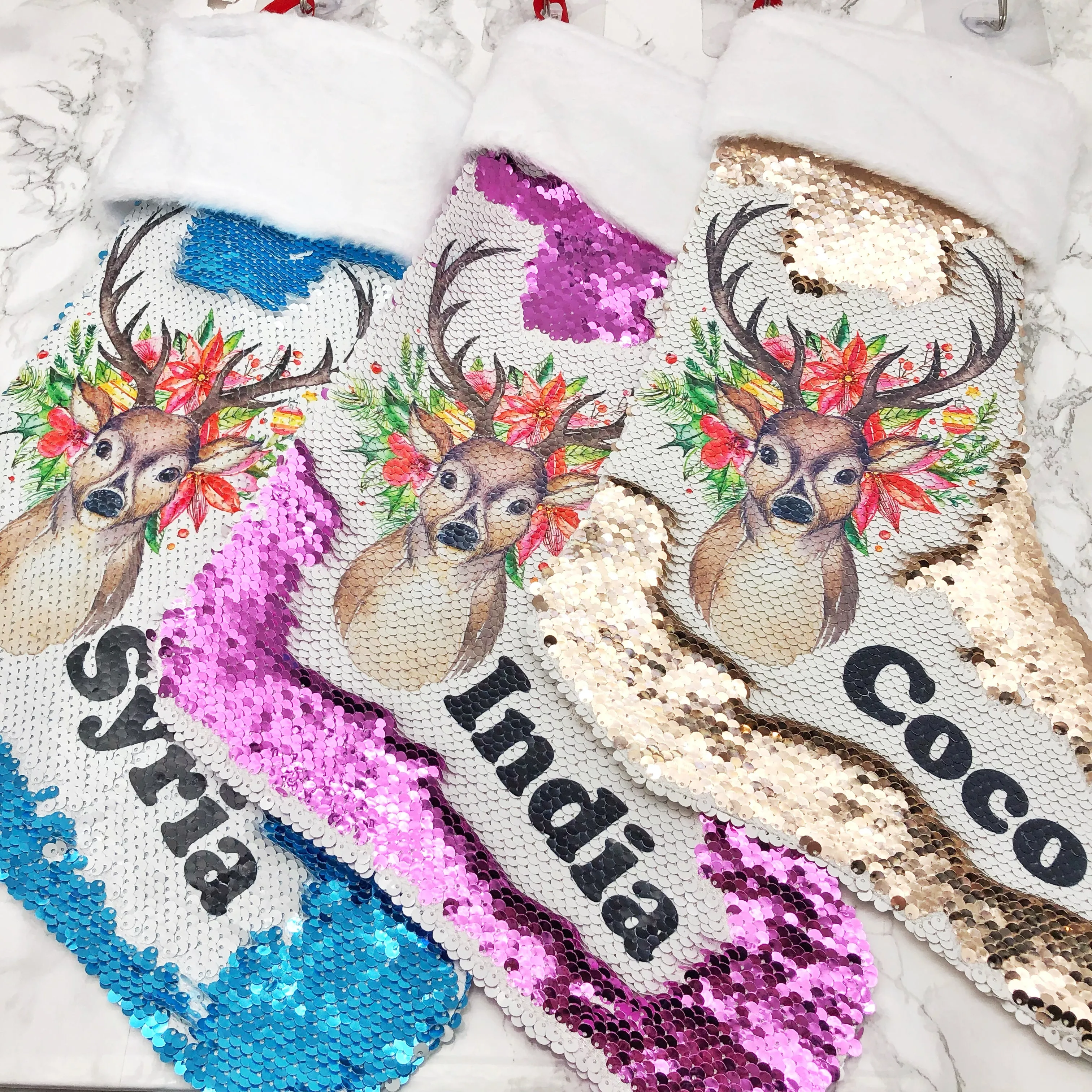 Personalised Floral Reindeer Sequin Christmas Fur Topped Stocking
