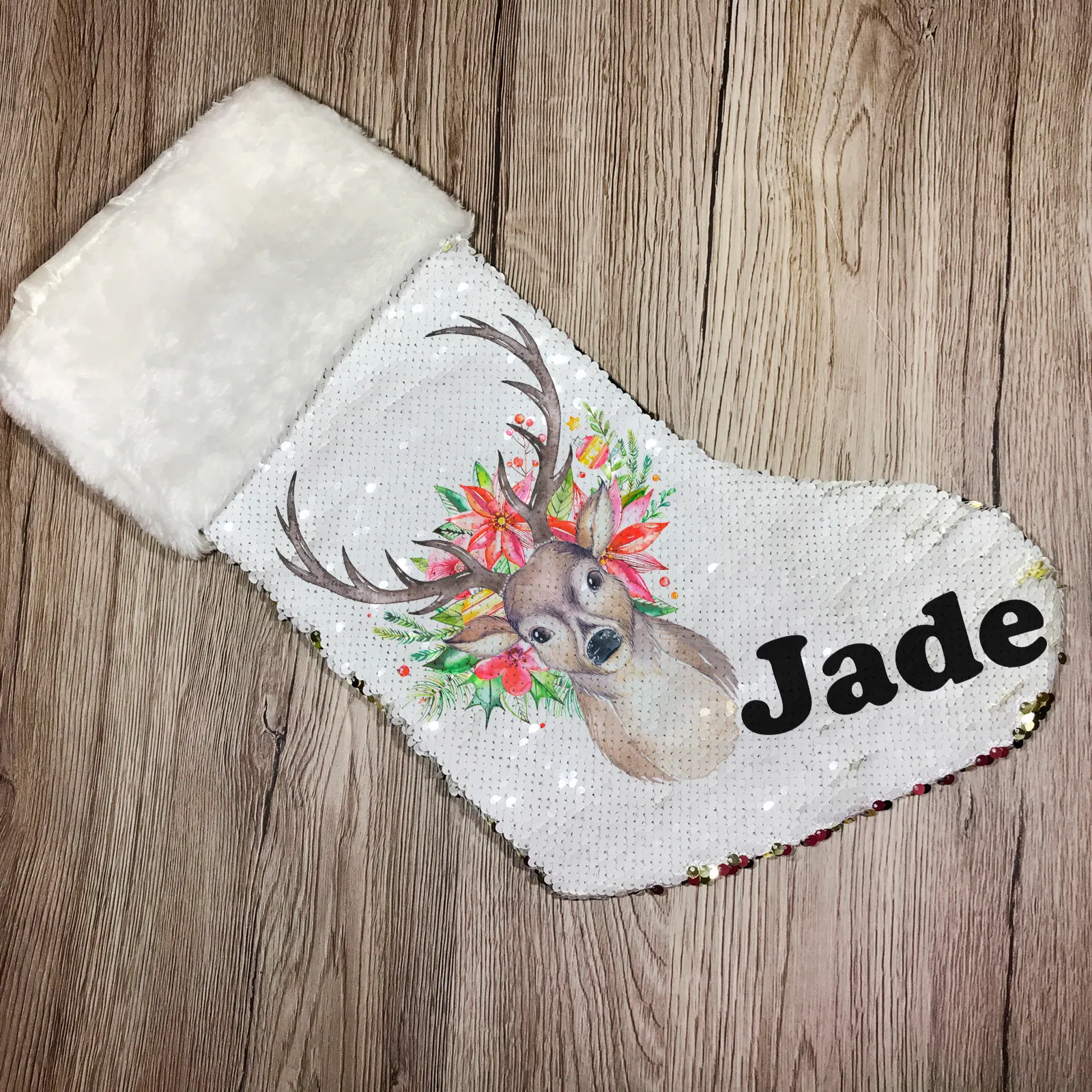 Personalised Floral Reindeer Sequin Christmas Fur Topped Stocking