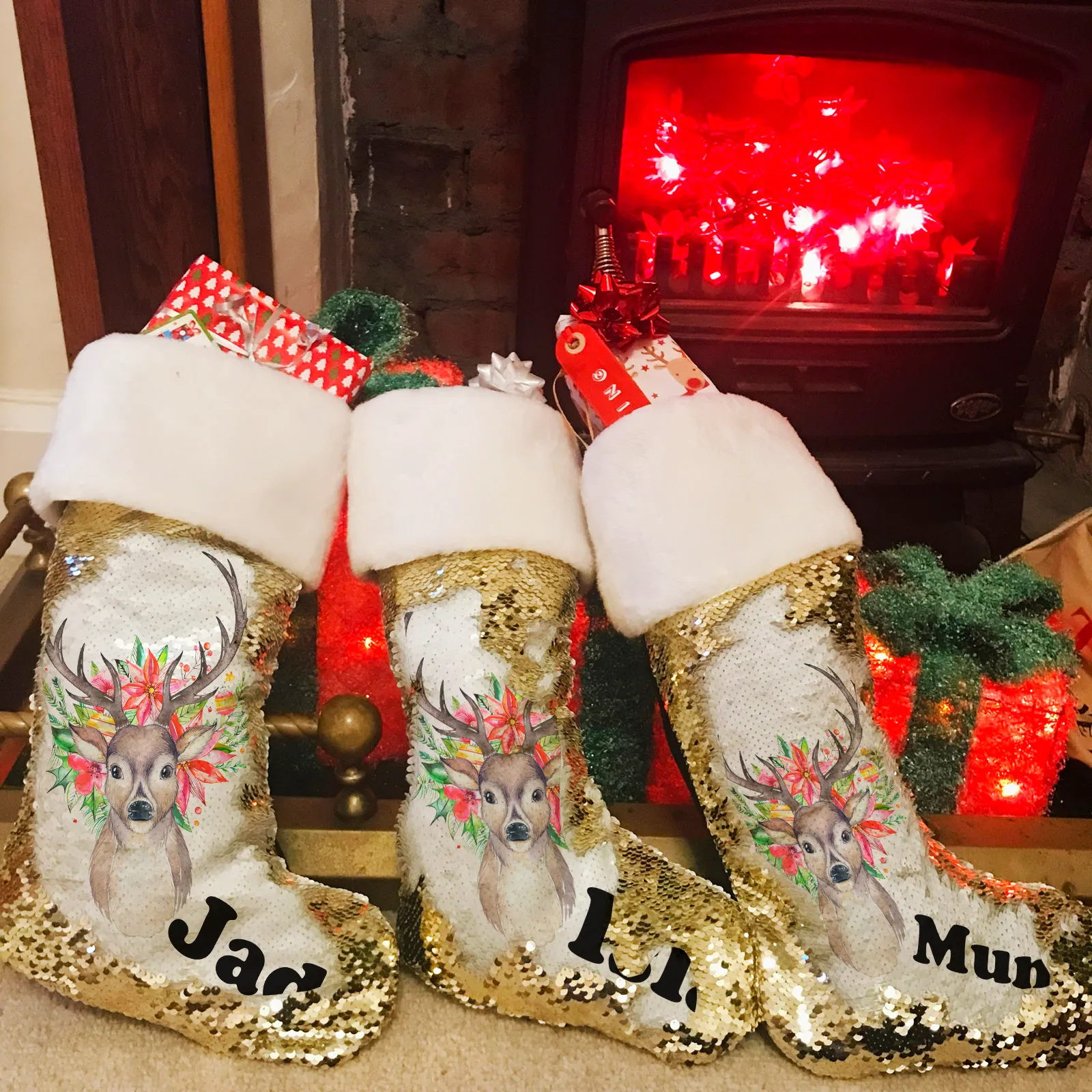 Personalised Floral Reindeer Sequin Christmas Fur Topped Stocking