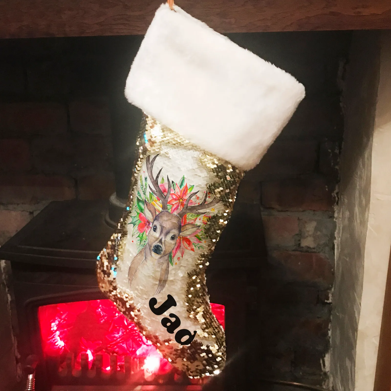 Personalised Floral Reindeer Sequin Christmas Fur Topped Stocking