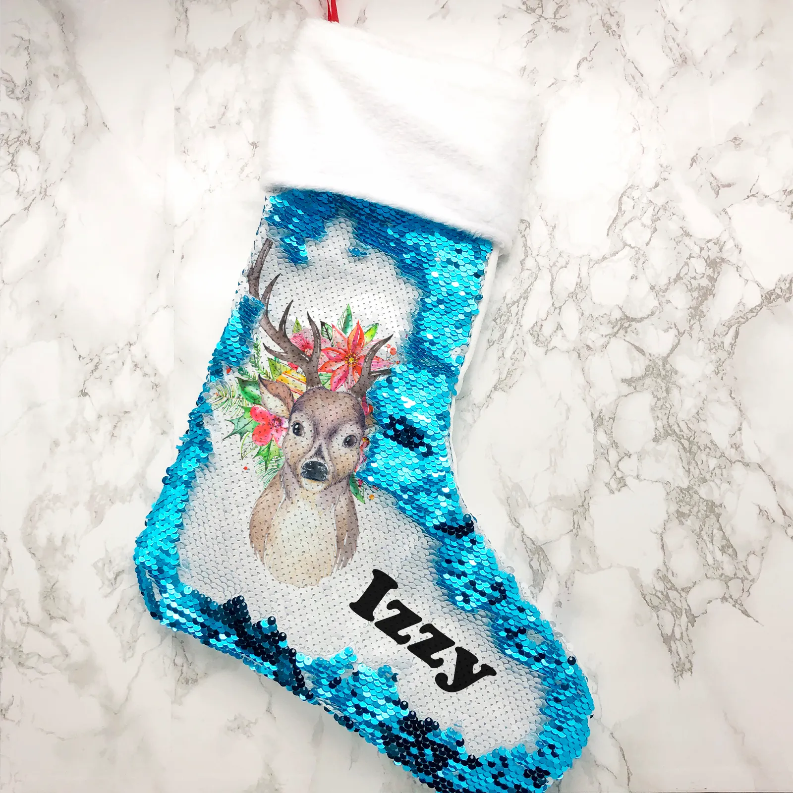 Personalised Floral Reindeer Sequin Christmas Fur Topped Stocking