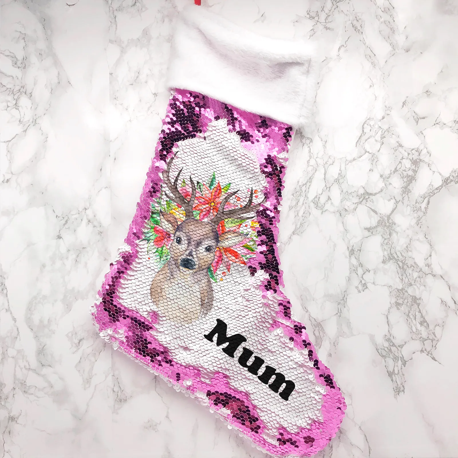Personalised Floral Reindeer Sequin Christmas Fur Topped Stocking