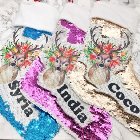 Personalised Floral Reindeer Sequin Christmas Fur Topped Stocking