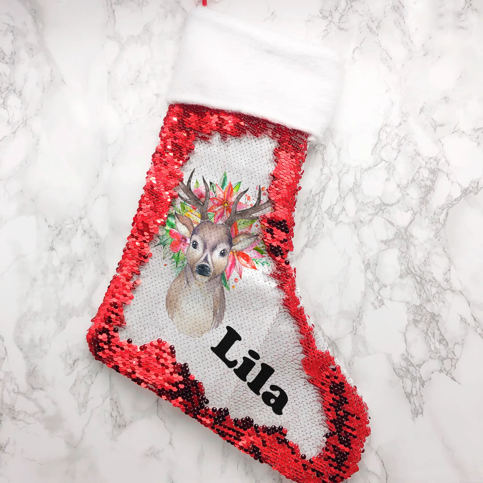 Personalised Floral Reindeer Sequin Christmas Fur Topped Stocking