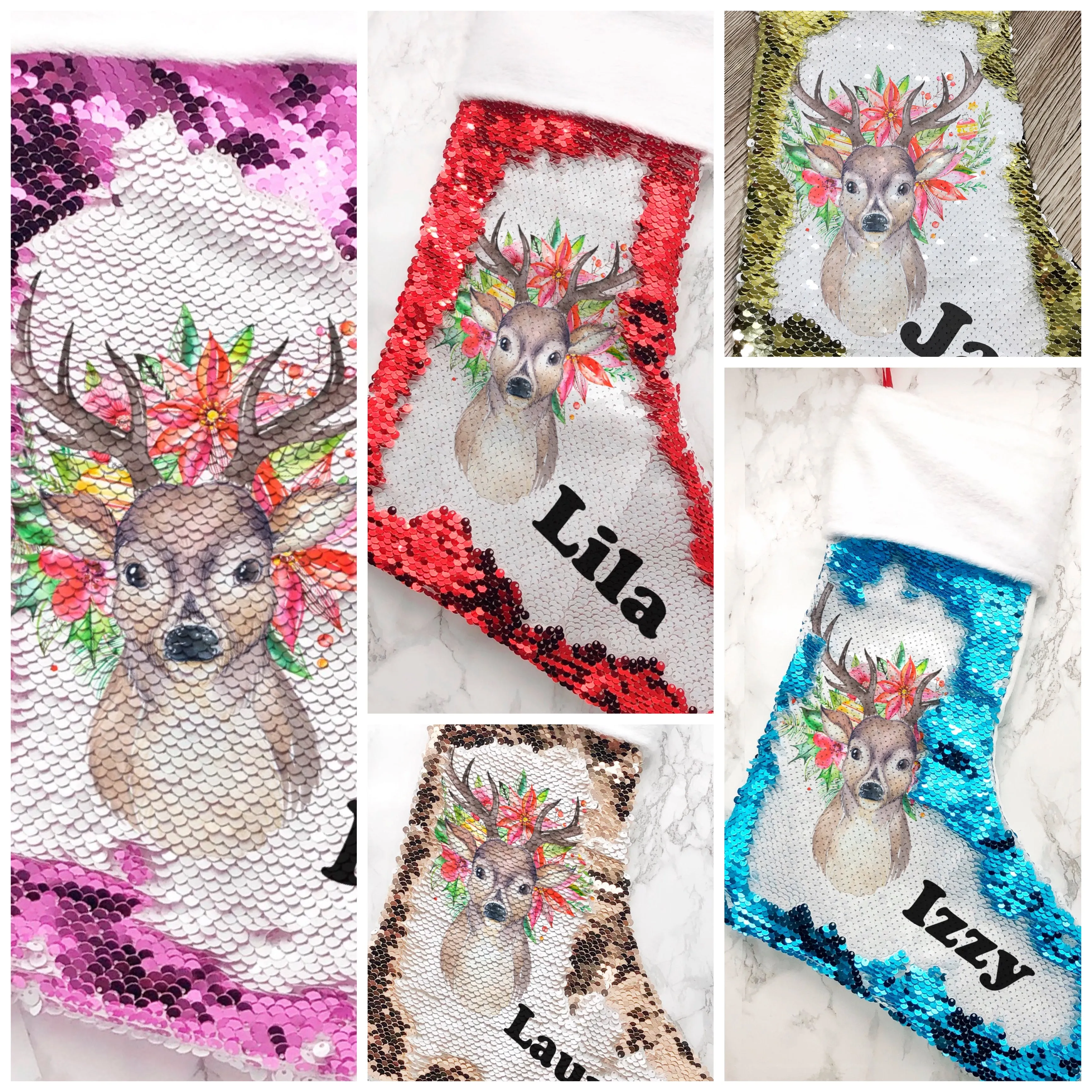 Personalised Floral Reindeer Sequin Christmas Fur Topped Stocking