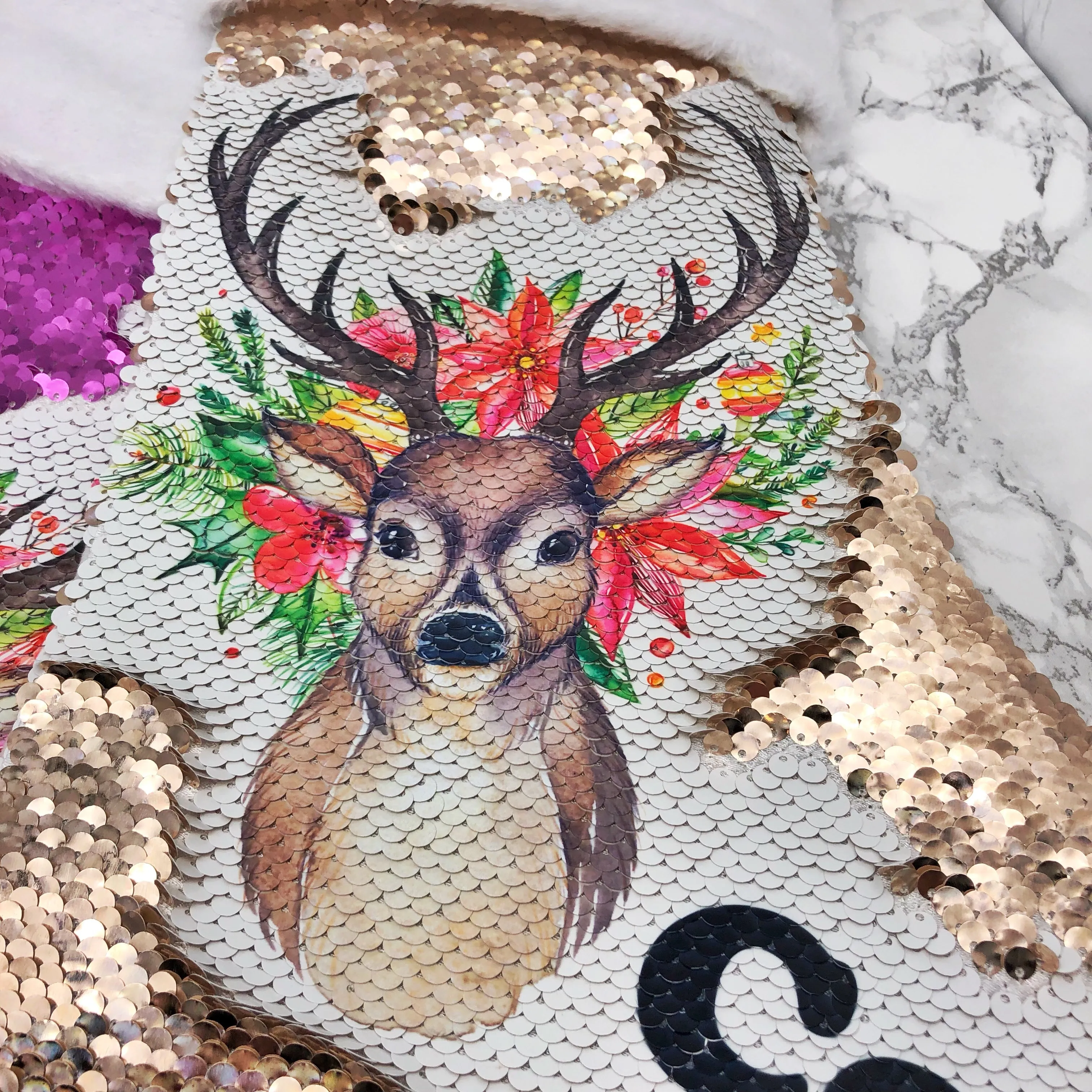 Personalised Floral Reindeer Sequin Christmas Fur Topped Stocking