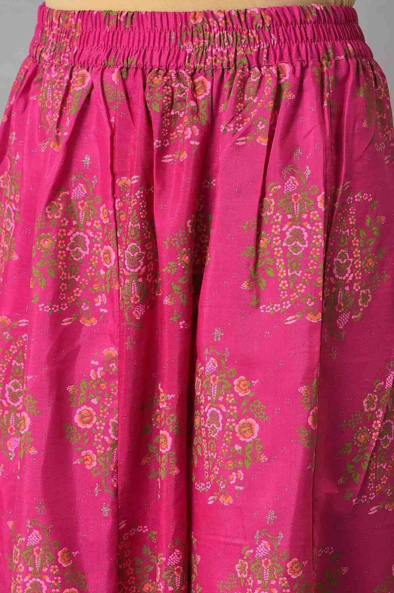 Pink Glitter Printed kurta With Culottes And Green Dupatta