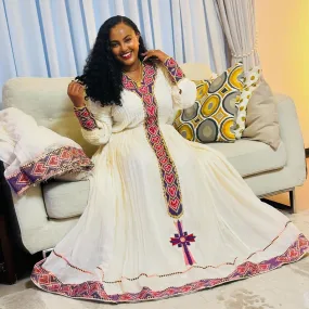 Pink with Dark Purple Handwoven Embellishment Habeha Dress: Beautiful Traditional Ethiopian Dress