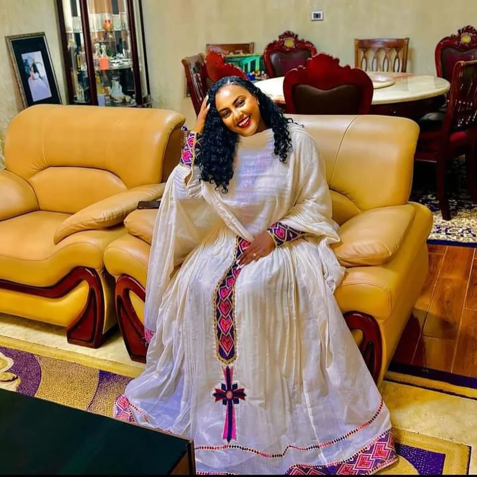 Pink with Dark Purple Handwoven Embellishment Habeha Dress: Beautiful Traditional Ethiopian Dress