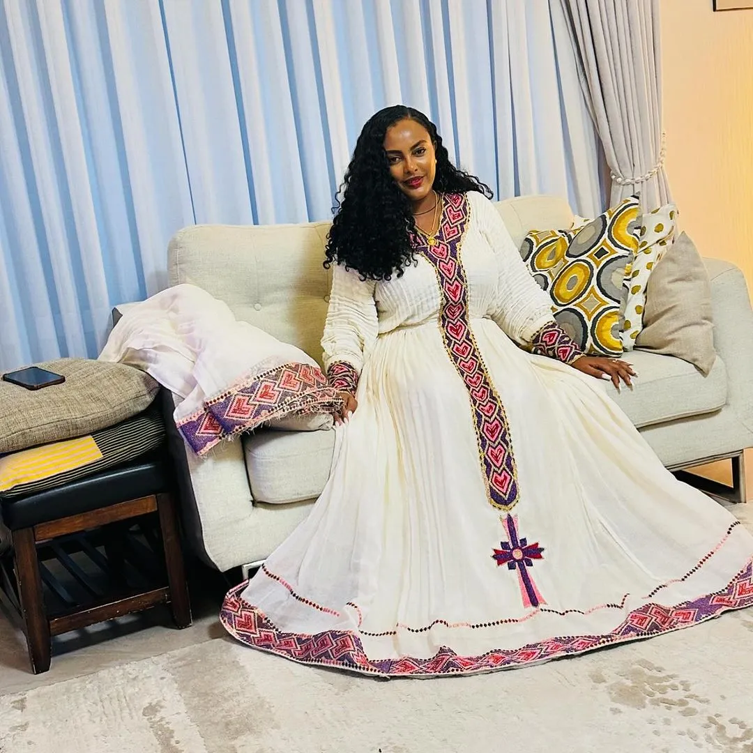 Pink with Dark Purple Handwoven Embellishment Habeha Dress: Beautiful Traditional Ethiopian Dress