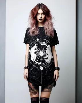 Purr Nebula Tee Dress - Vegan Oversized T-shirt Witchy Alt Style Occult Grunge Aesthetic Unisex Goth Black Dress