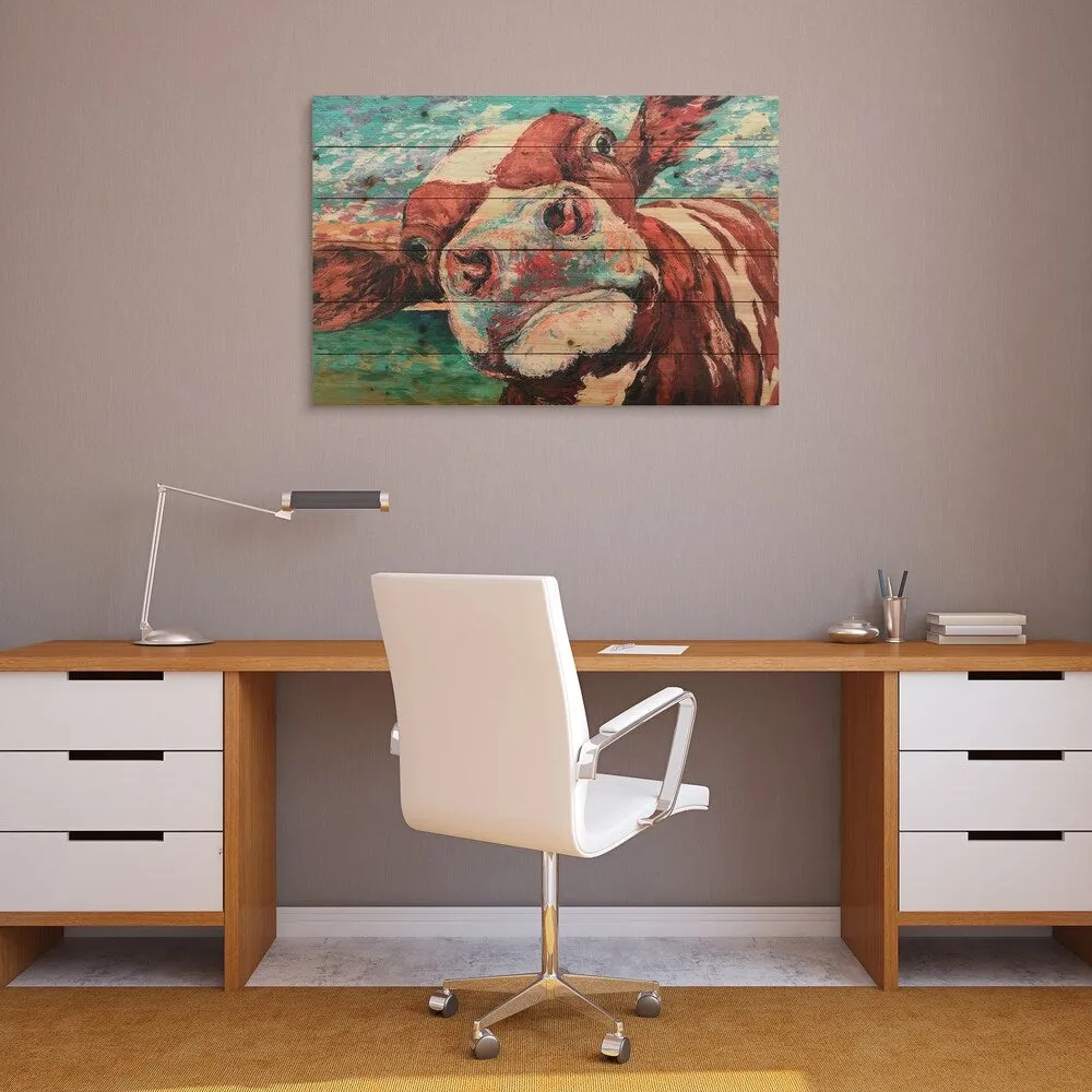 "Curiuos Cow 1&2" Wood Wall Art Giclee Printed on Solid Fir Wood Planks - Multi-Color
