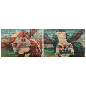 "Curiuos Cow 1&2" Wood Wall Art Giclee Printed on Solid Fir Wood Planks - Multi-Color