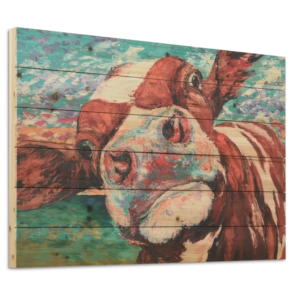 "Curiuos Cow 1&2" Wood Wall Art Giclee Printed on Solid Fir Wood Planks - Multi-Color