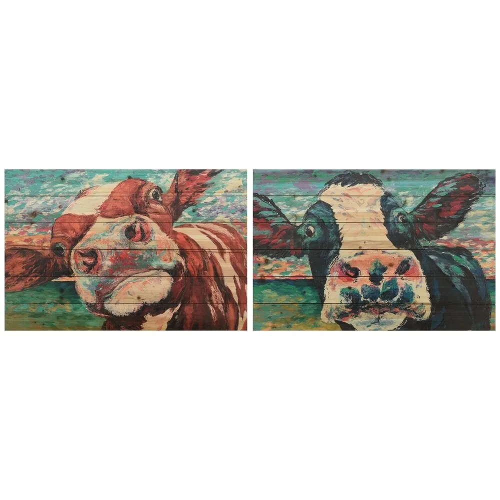 "Curiuos Cow 1&2" Wood Wall Art Giclee Printed on Solid Fir Wood Planks - Multi-Color