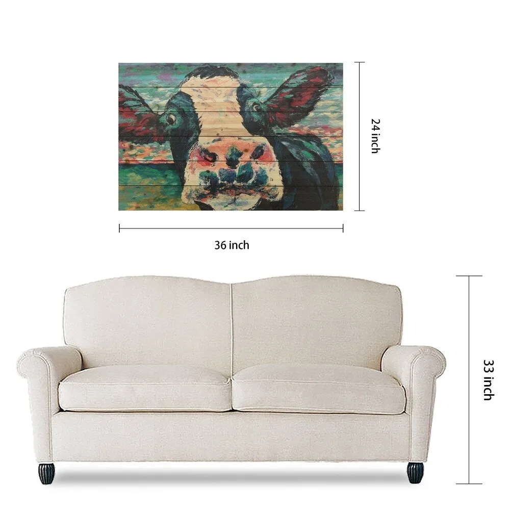 "Curiuos Cow 1&2" Wood Wall Art Giclee Printed on Solid Fir Wood Planks - Multi-Color