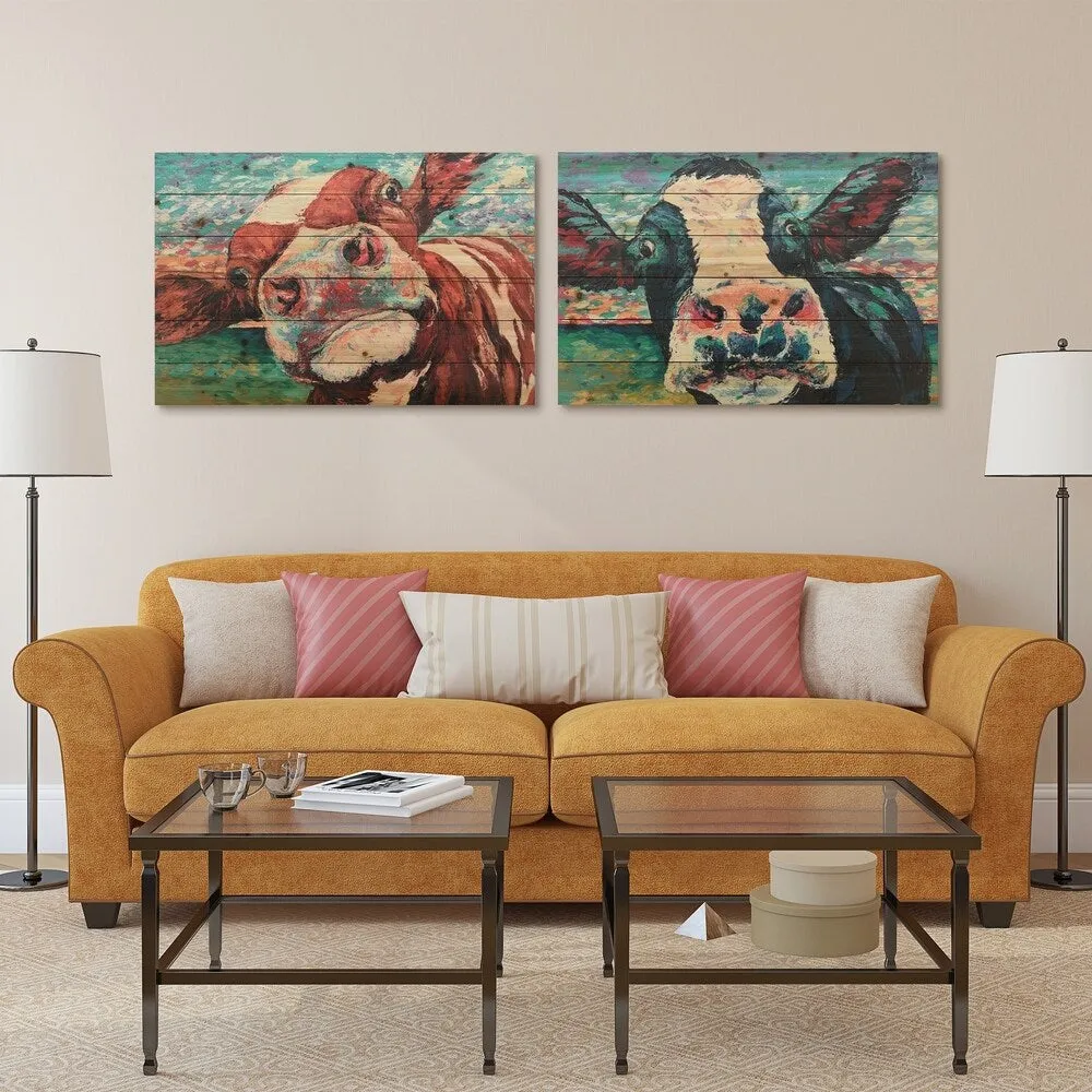 "Curiuos Cow 1&2" Wood Wall Art Giclee Printed on Solid Fir Wood Planks - Multi-Color