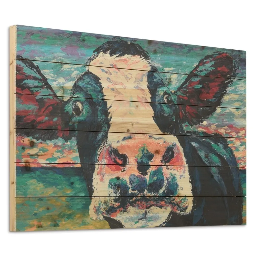 "Curiuos Cow 1&2" Wood Wall Art Giclee Printed on Solid Fir Wood Planks - Multi-Color