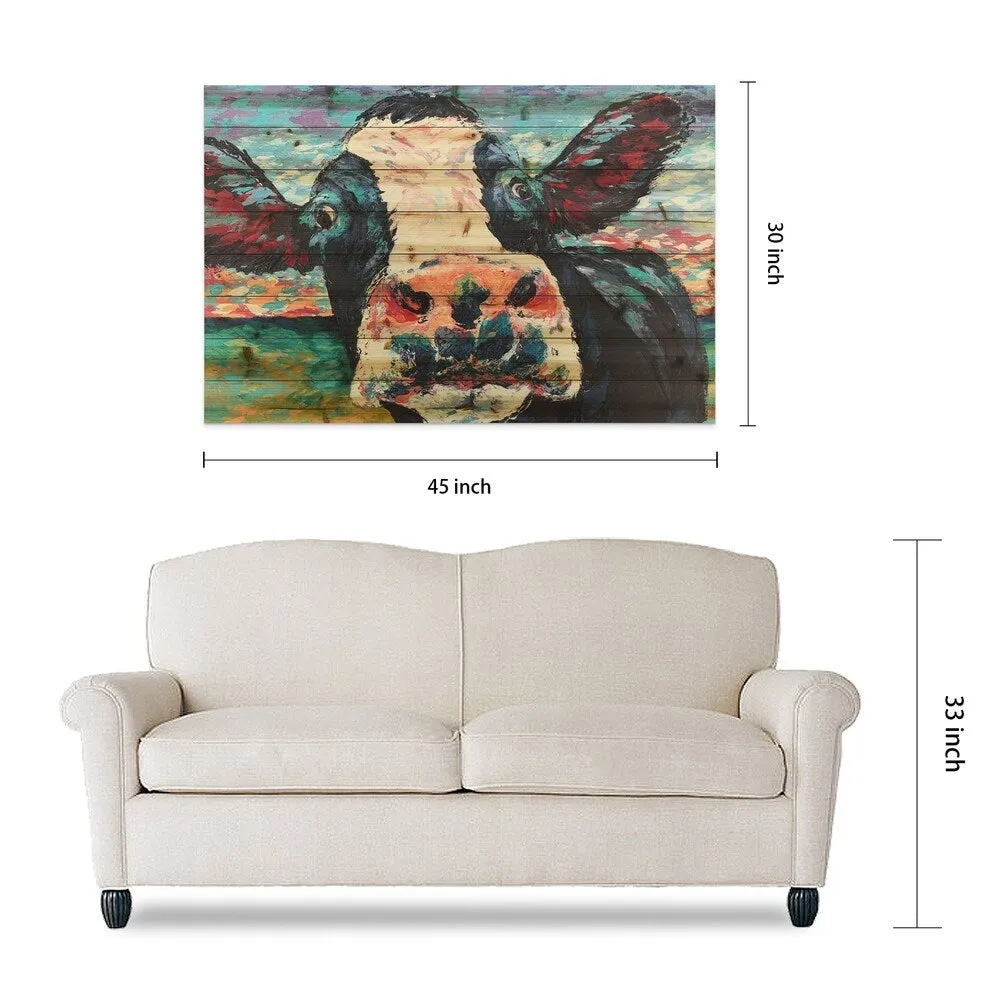 "Curiuos Cow 3&4" Wood Wall Art Giclee Printed on Solid Fir Wood Planks - Multi-Color