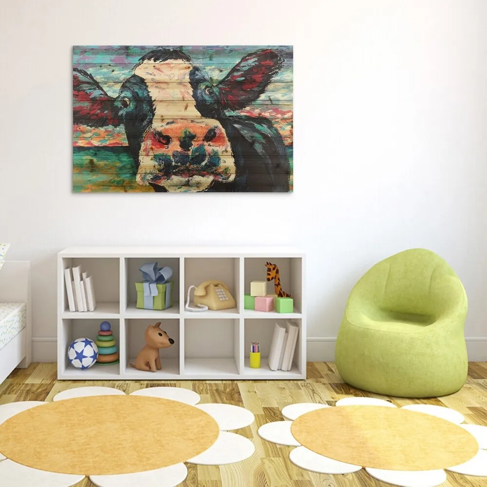 "Curiuos Cow 3&4" Wood Wall Art Giclee Printed on Solid Fir Wood Planks - Multi-Color