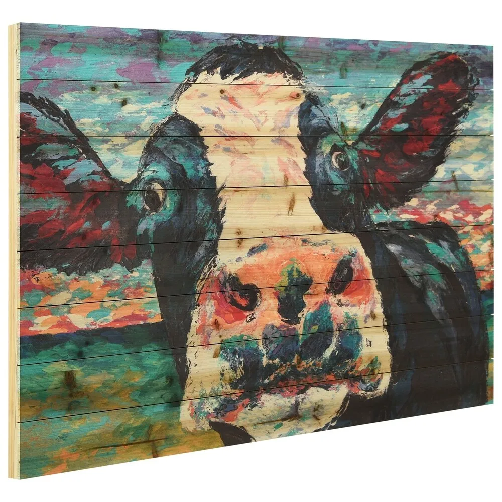 "Curiuos Cow 3&4" Wood Wall Art Giclee Printed on Solid Fir Wood Planks - Multi-Color
