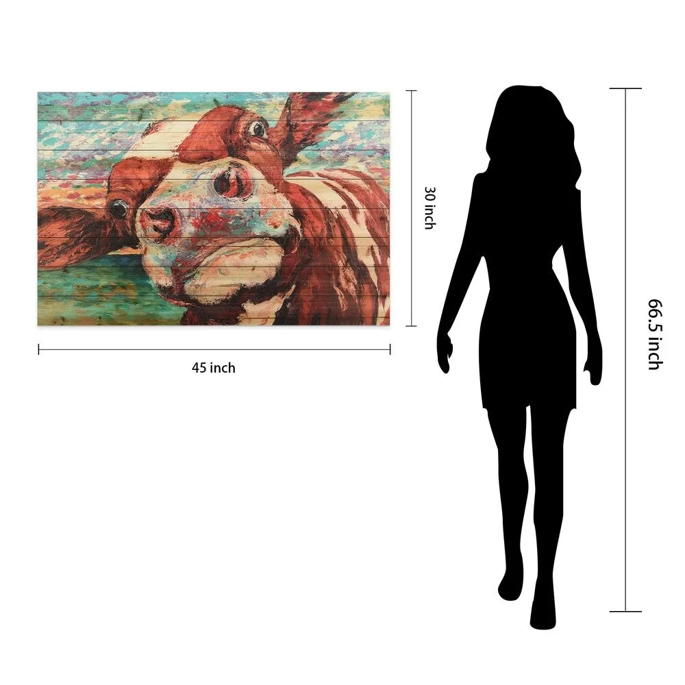 "Curiuos Cow 3&4" Wood Wall Art Giclee Printed on Solid Fir Wood Planks - Multi-Color