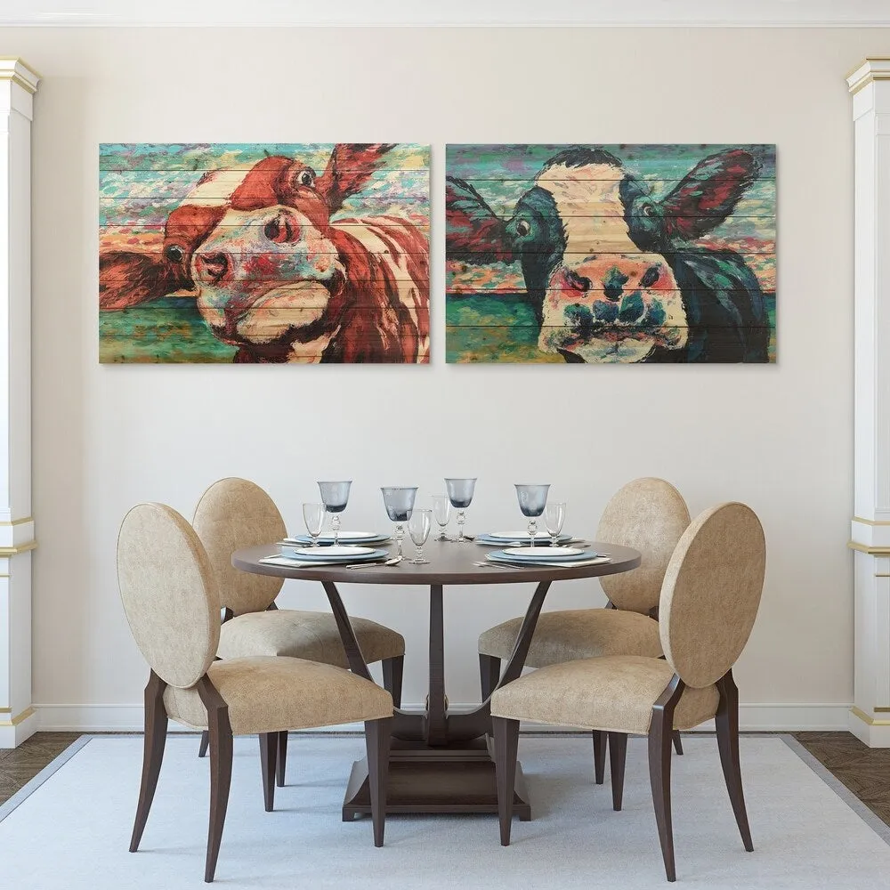 "Curiuos Cow 3&4" Wood Wall Art Giclee Printed on Solid Fir Wood Planks - Multi-Color