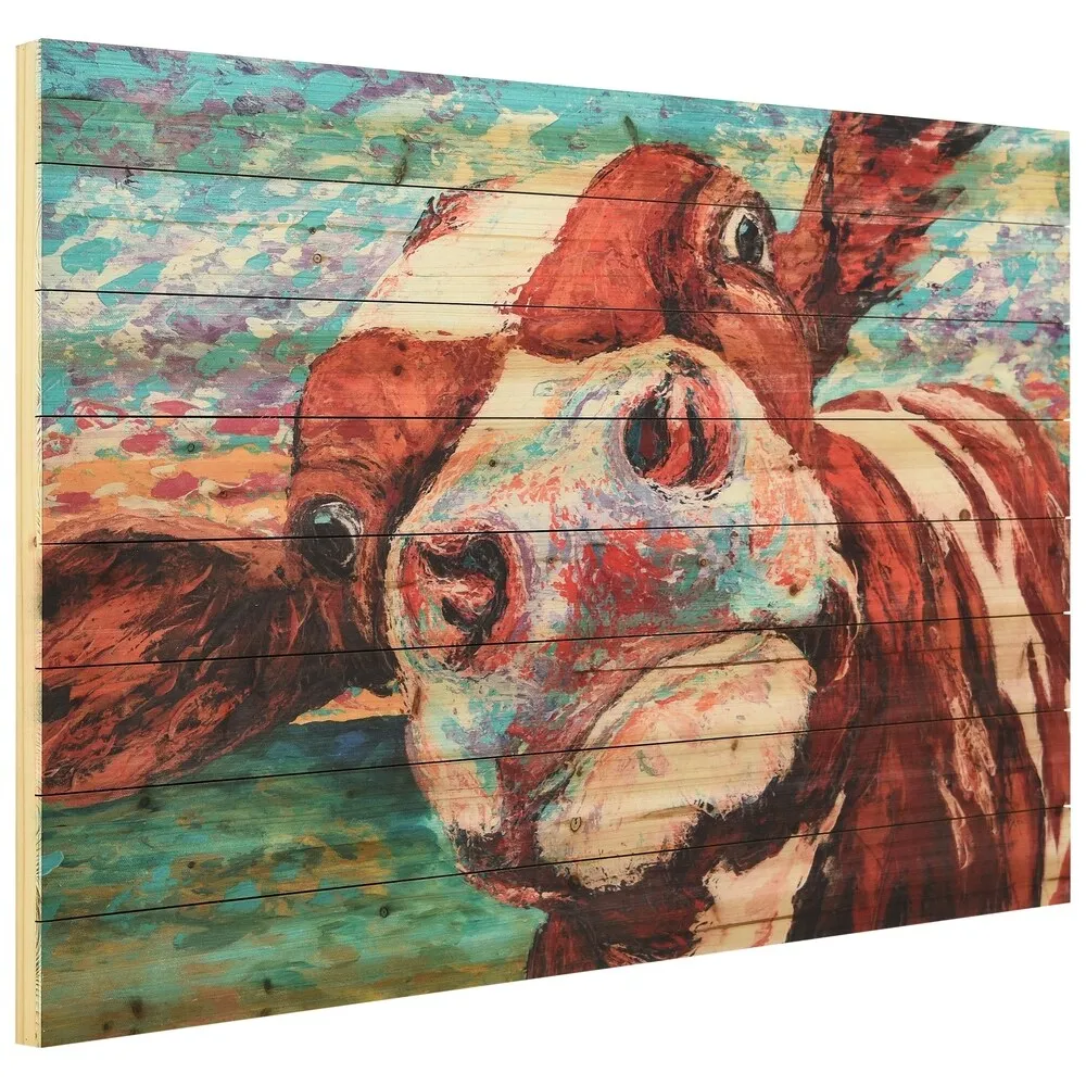 "Curiuos Cow 3&4" Wood Wall Art Giclee Printed on Solid Fir Wood Planks - Multi-Color