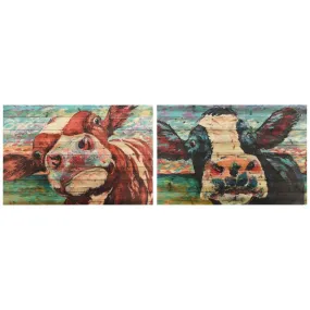 "Curiuos Cow 3&4" Wood Wall Art Giclee Printed on Solid Fir Wood Planks - Multi-Color