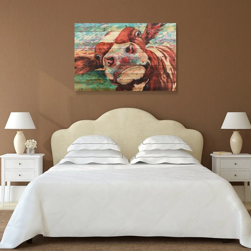 "Curiuos Cow 3&4" Wood Wall Art Giclee Printed on Solid Fir Wood Planks - Multi-Color