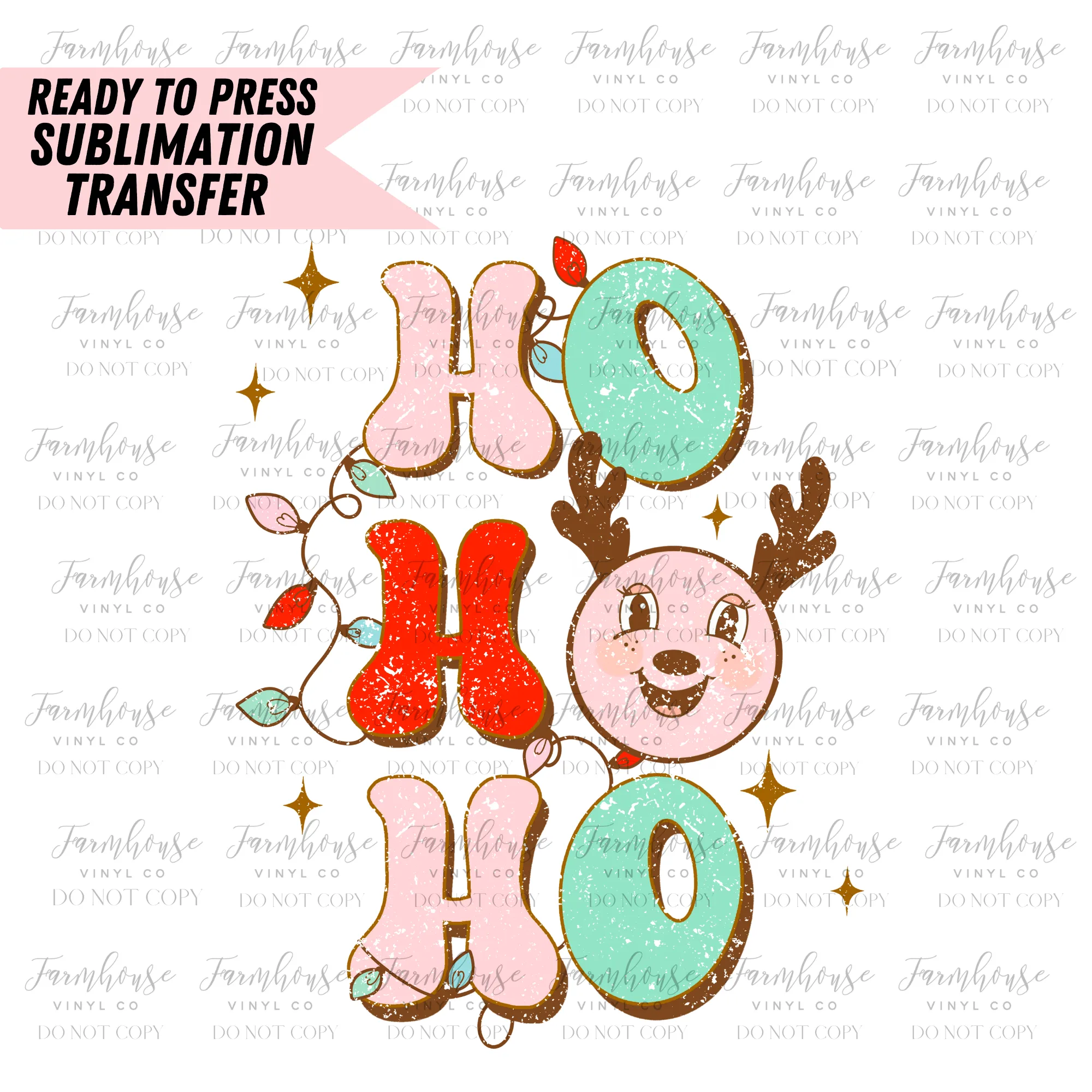 Retro Reindeer Ho Ho Ho Ready To Press Sublimation Transfer Design