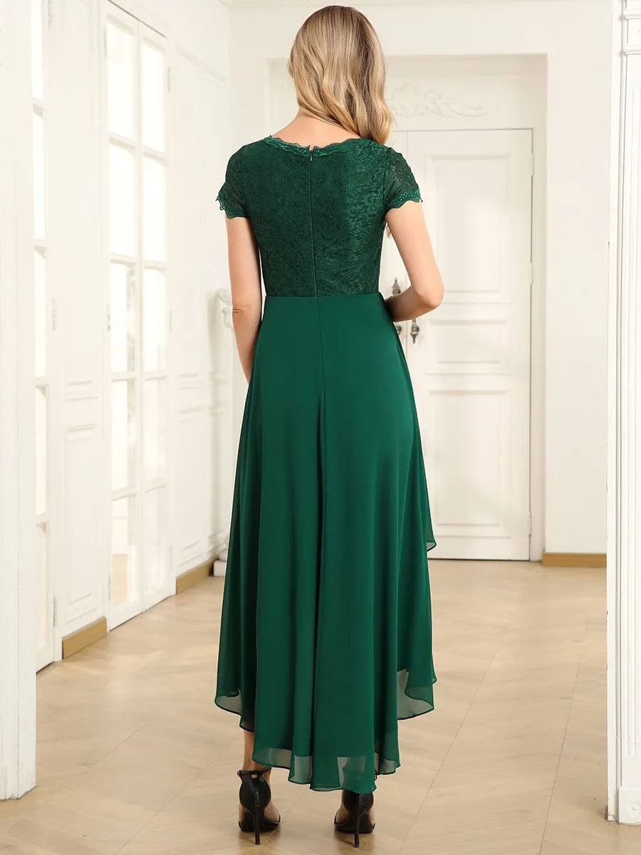 Short Sleeve Vintage Lace Short Sleeve High Low Mother of the Bride Dress