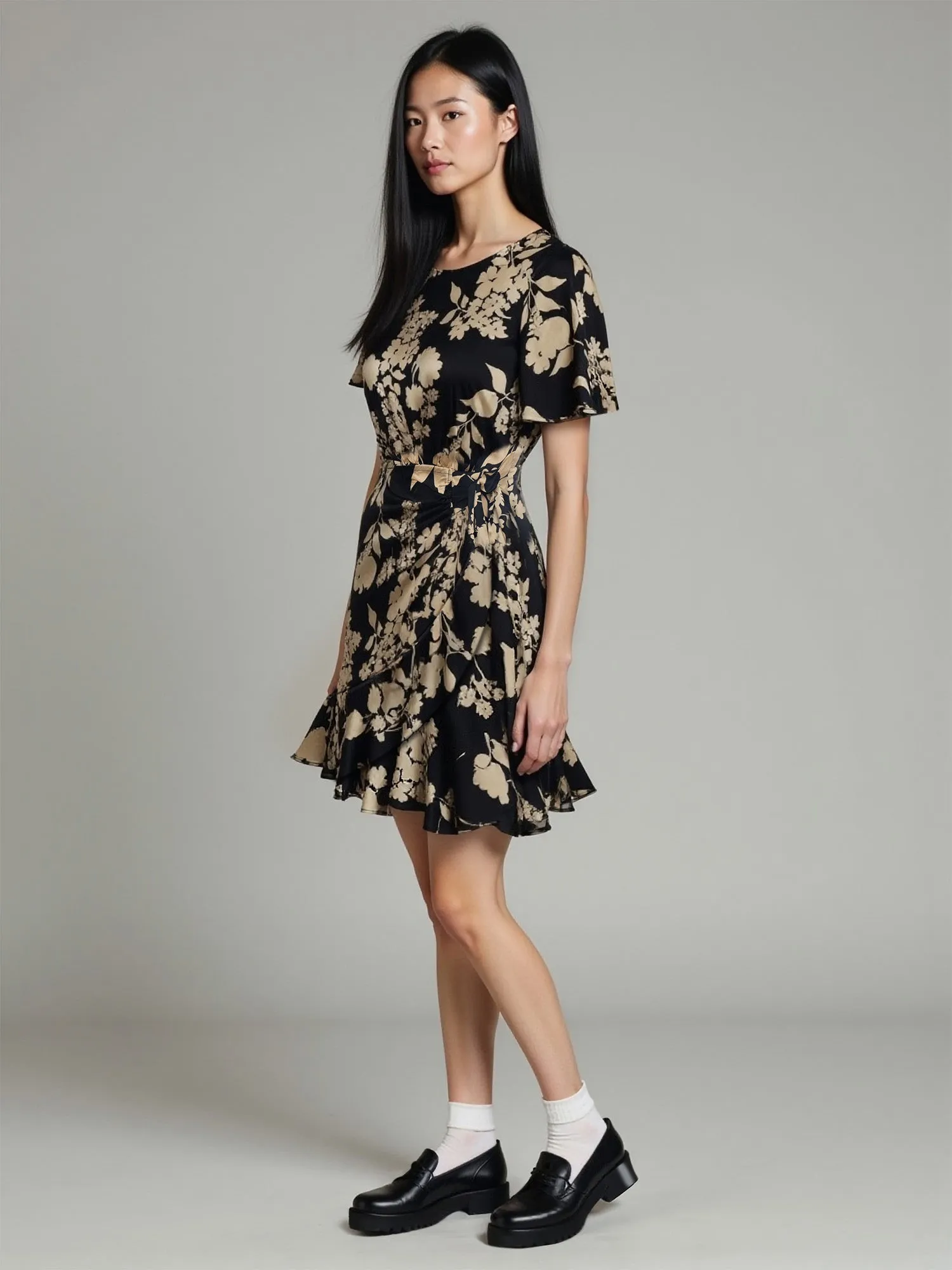 Short Sleeves Satin Printed Wrap Dress