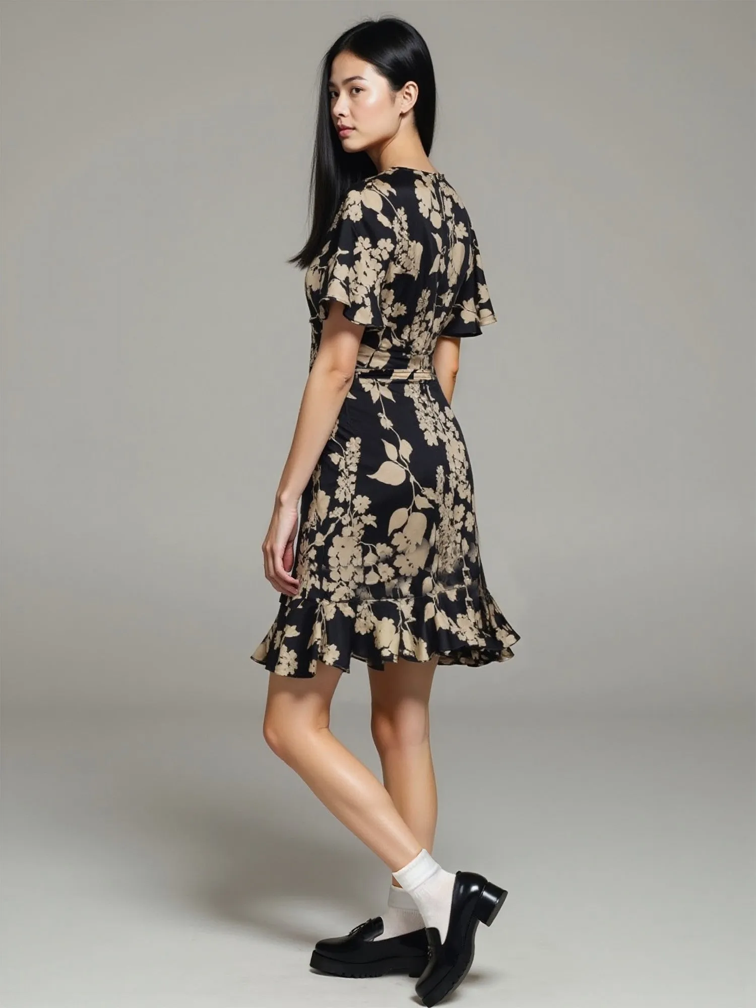 Short Sleeves Satin Printed Wrap Dress