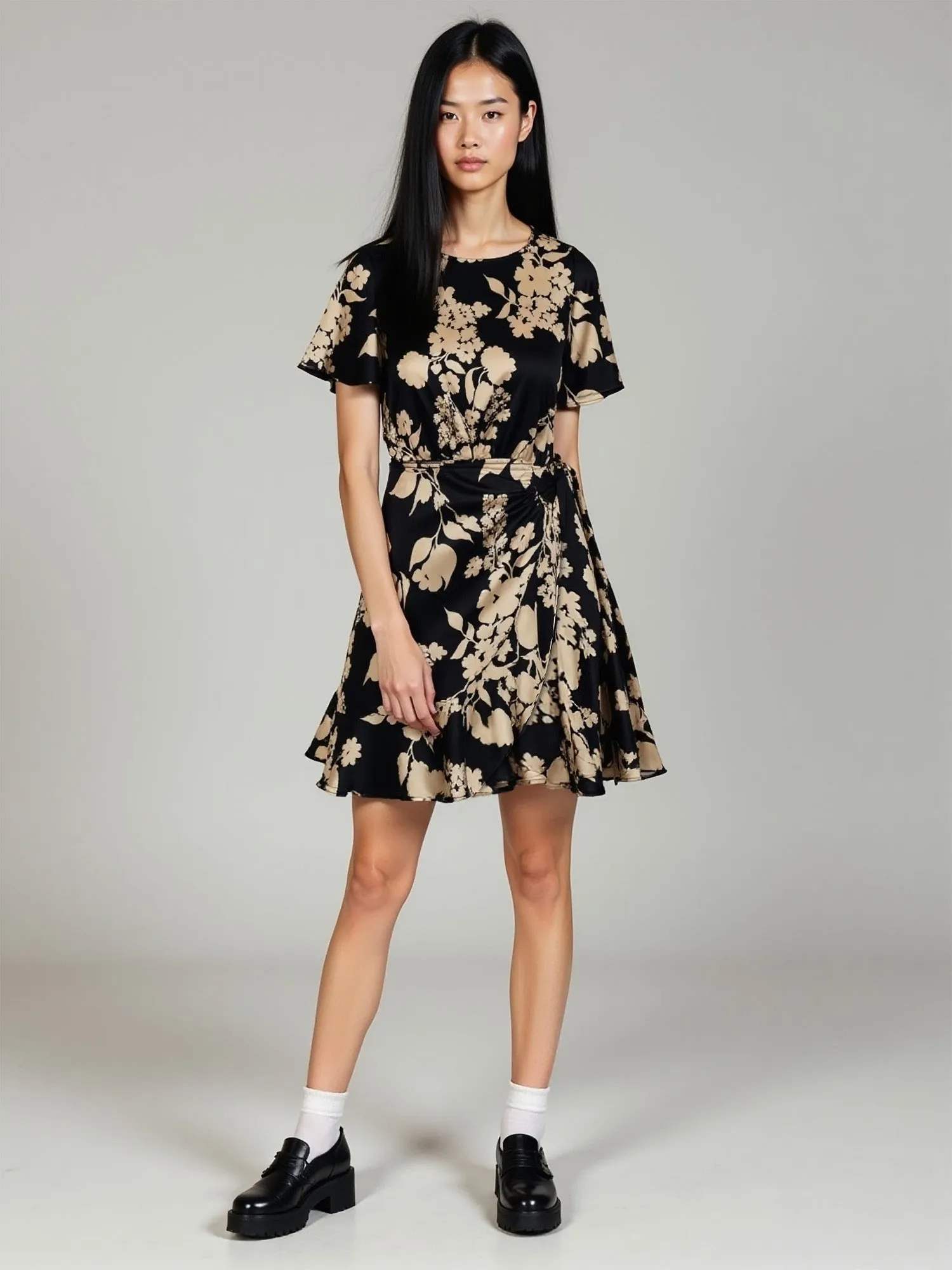 Short Sleeves Satin Printed Wrap Dress