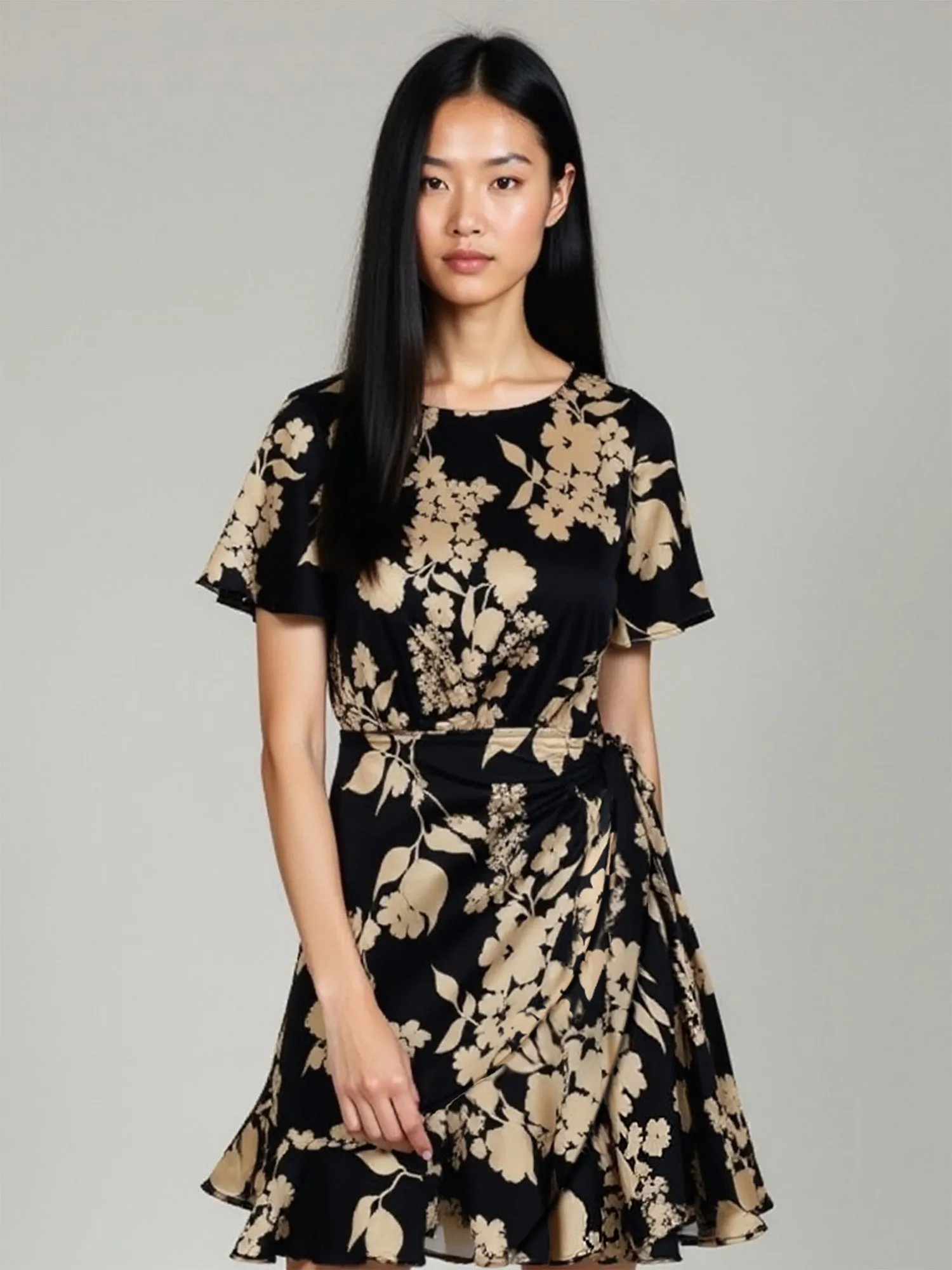 Short Sleeves Satin Printed Wrap Dress