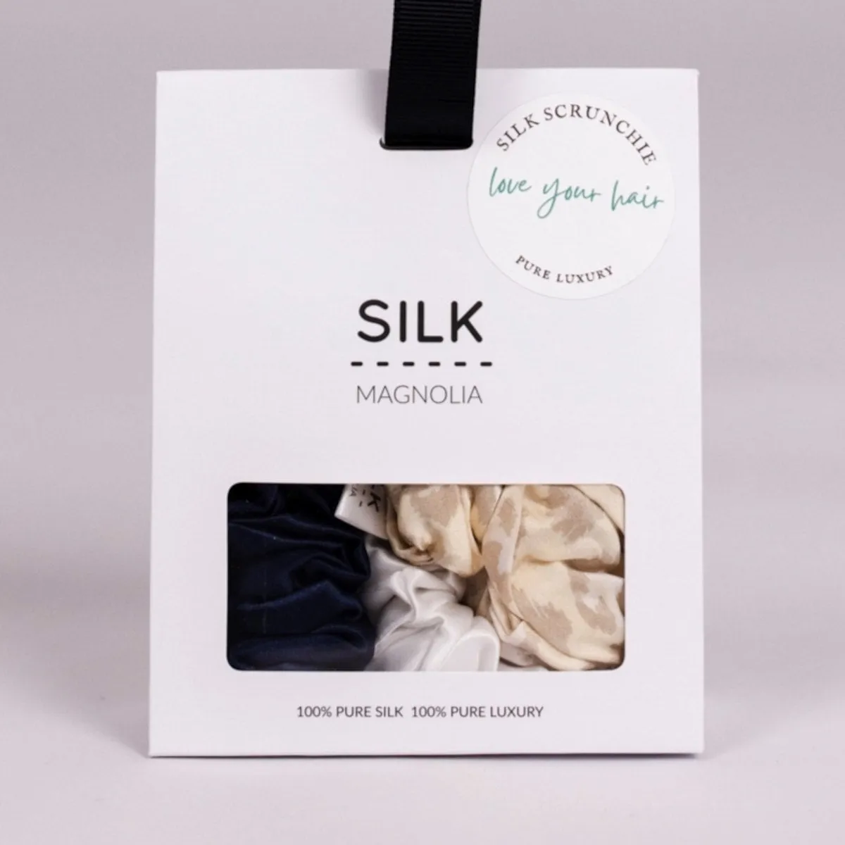 Silk Magnolia 3 Pack Scrunchies Navy/Leopard/White