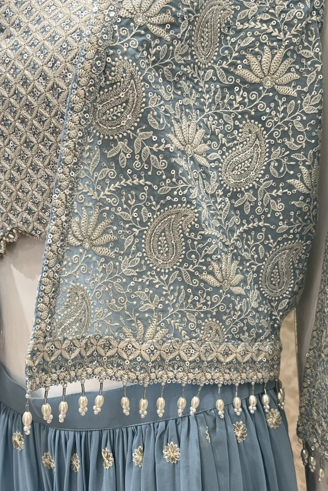 Sky Blue Chickankari and Sequins work Crop Top with Overcoat Styled Palazzo Suit Set