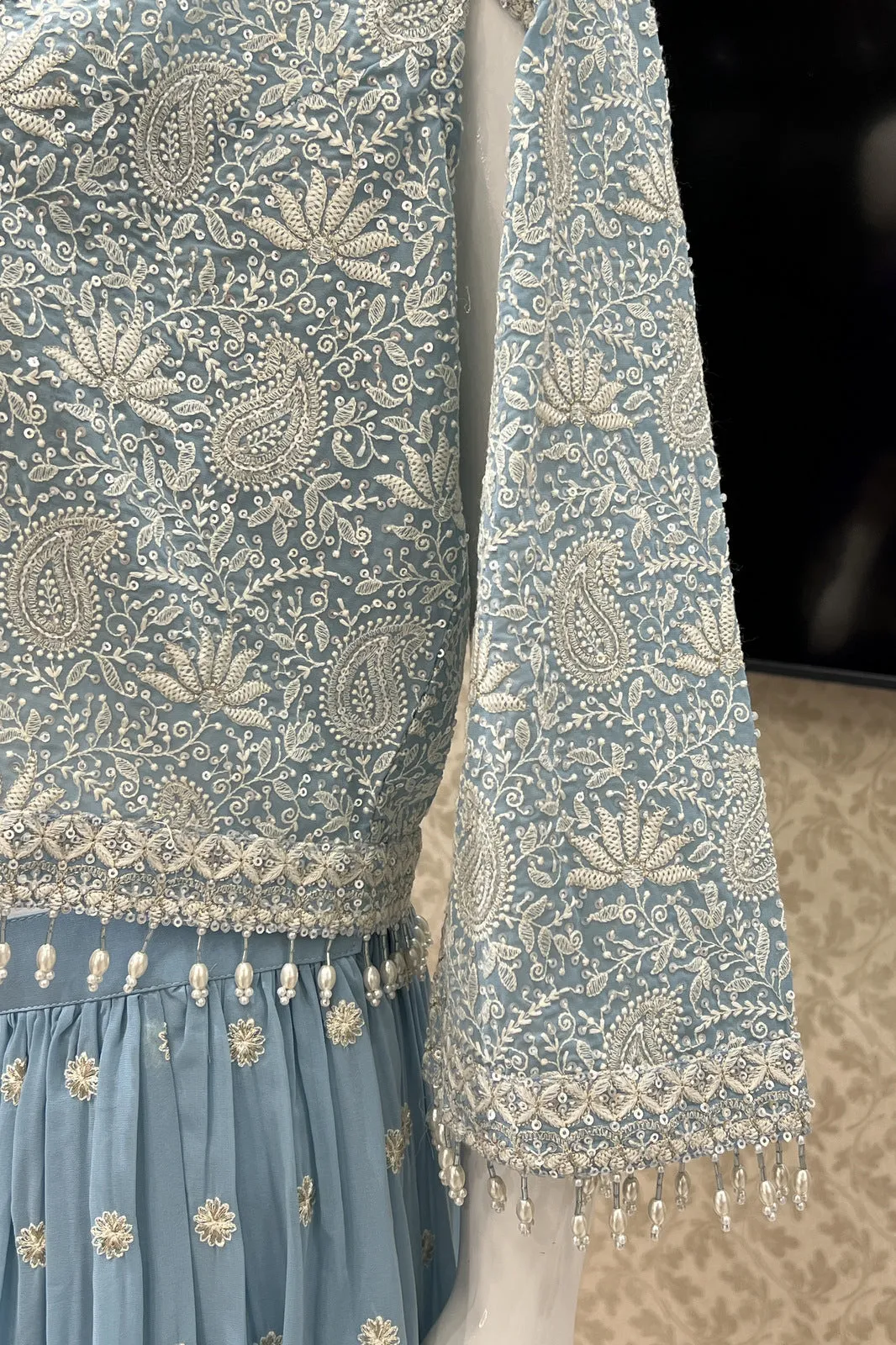 Sky Blue Chickankari and Sequins work Crop Top with Overcoat Styled Palazzo Suit Set