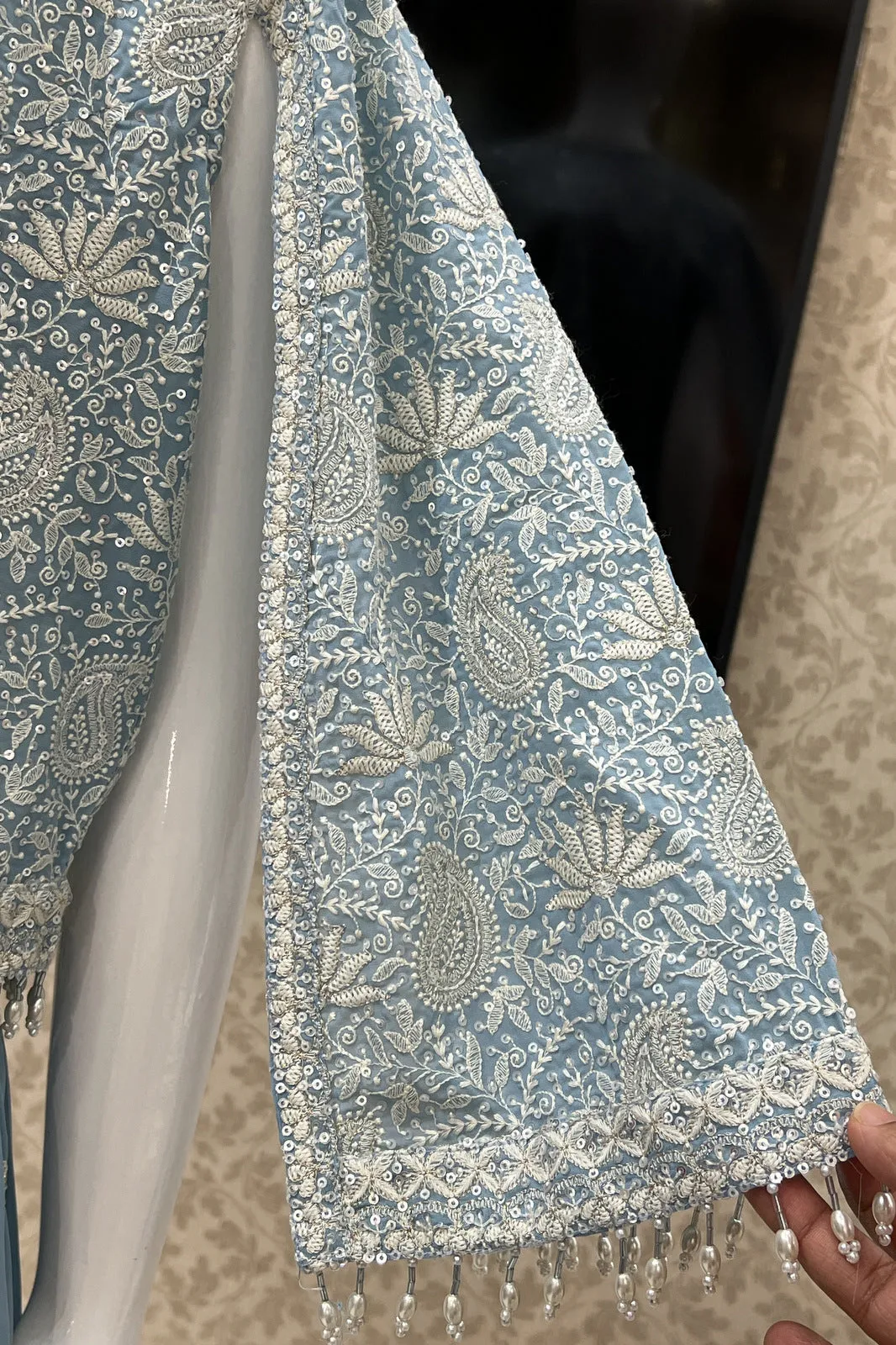 Sky Blue Chickankari and Sequins work Crop Top with Overcoat Styled Palazzo Suit Set