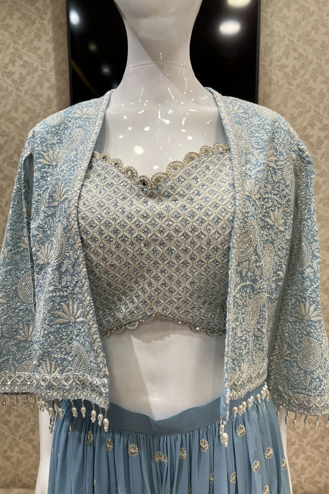 Sky Blue Chickankari and Sequins work Crop Top with Overcoat Styled Palazzo Suit Set
