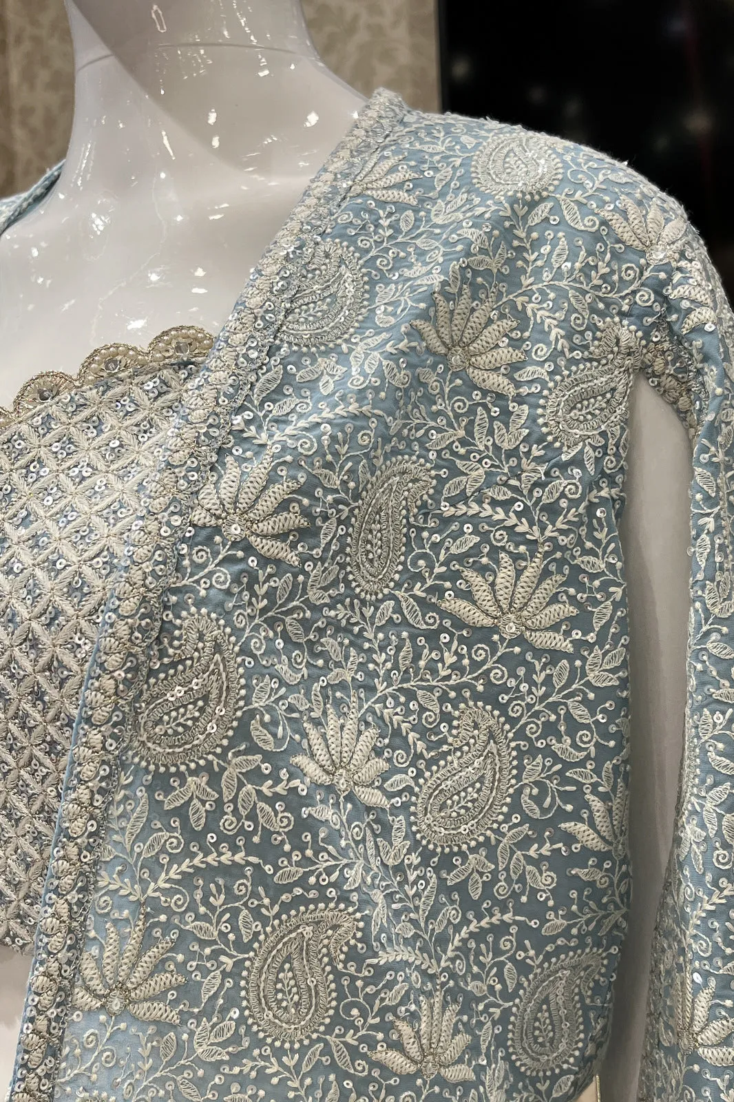 Sky Blue Chickankari and Sequins work Crop Top with Overcoat Styled Palazzo Suit Set